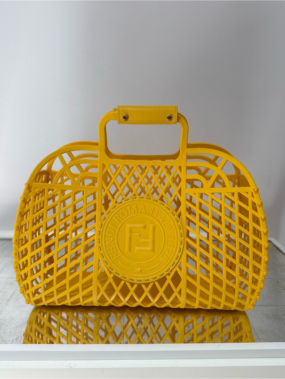 Fendi Bright Yellow Lattice Tote with Logo Medallion - Picture 1 of 7